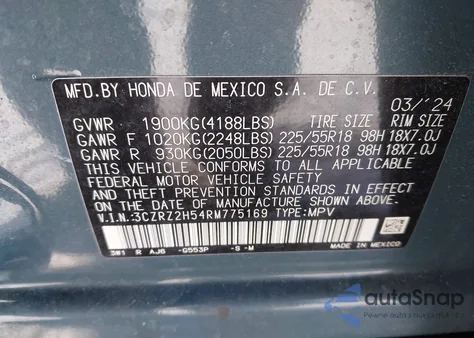 2024 Honda Hr-V Awd Sport/Awd Sport W/O Bsi из США, поврежденный, VIN 3CZRZ2H54RM775169